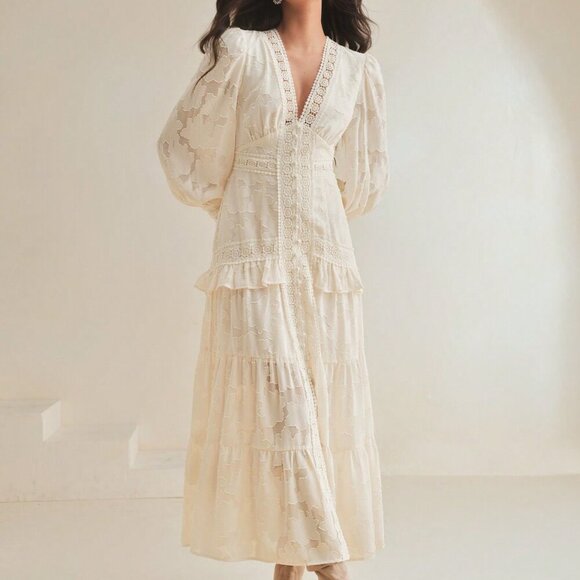 Apricot Elegant Women's V-Neck Puff Sleeve Cinched Waist Dress Maxi Outfit - Picture 8 of 8